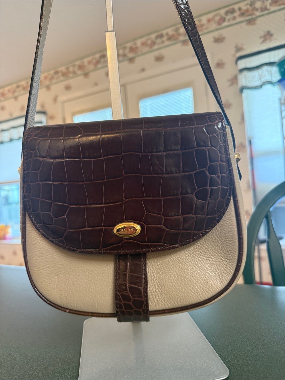 Bally Brown Croc-Embossed and Cream Leather Crossbody